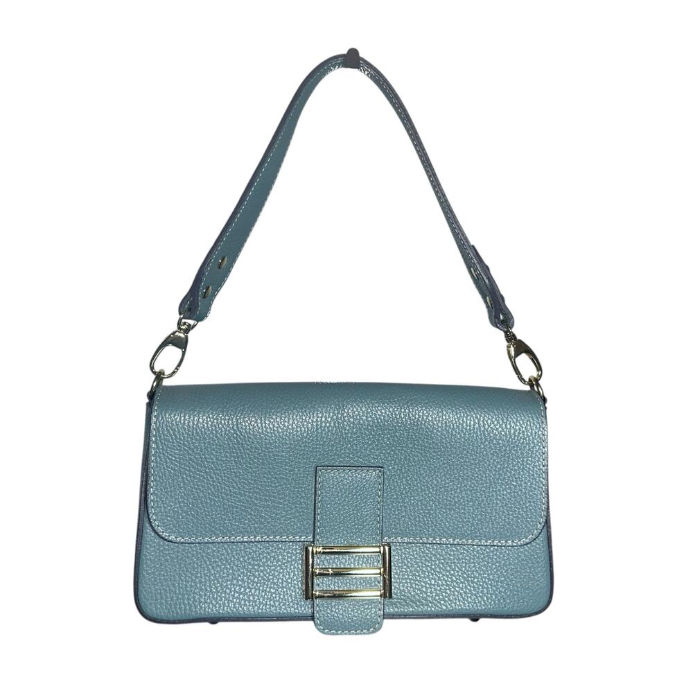 Davina Firenze Blue Pebbled Leather Shoulder Crossbody Bag Gold Buckle